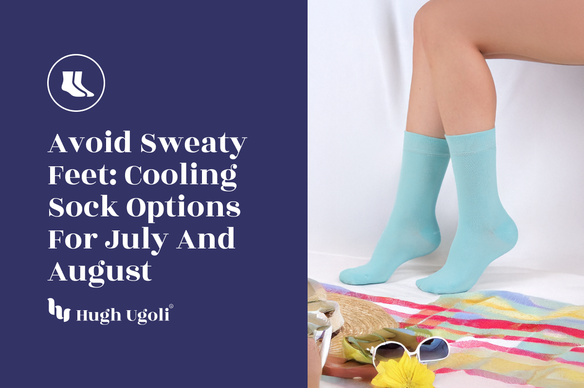 Model wearing turquoise Hugh Ugoli cooling socks seated on a summer-themed setup with sunglasses, a straw hat, and a colorful towel — ideal breathable socks for hot July and August days